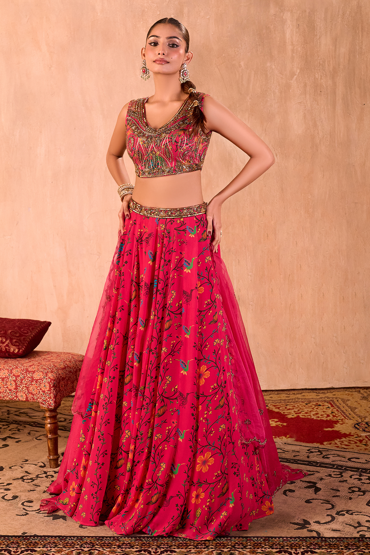 Mehak Murpana Pink Crepe Floral Printed Lehenga Set