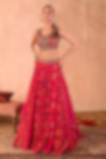 Pink Crepe Floral Printed Wedding Lehenga Set by Mehak Murpana at Pernia's Pop Up Shop