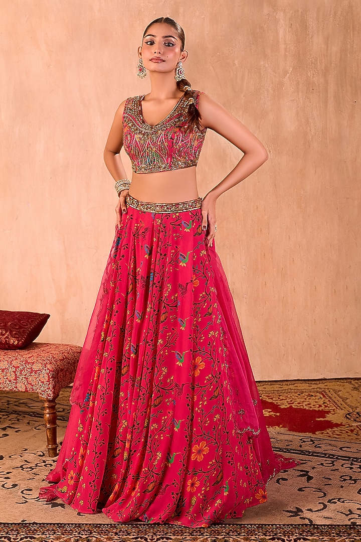 Pink Crepe Floral Printed Wedding Lehenga Set by Mehak Murpana at Pernia's Pop Up Shop