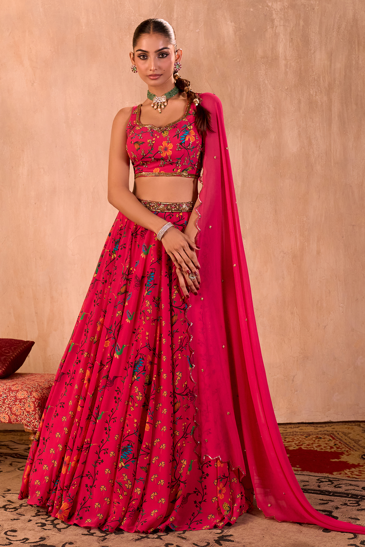 Mehak Murpana Pink Crepe Floral Printed Flowy Lehenga Set