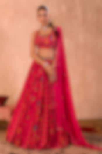Pink Crepe Floral Printed Flowy Wedding Lehenga Set by Mehak Murpana at Pernia's Pop Up Shop