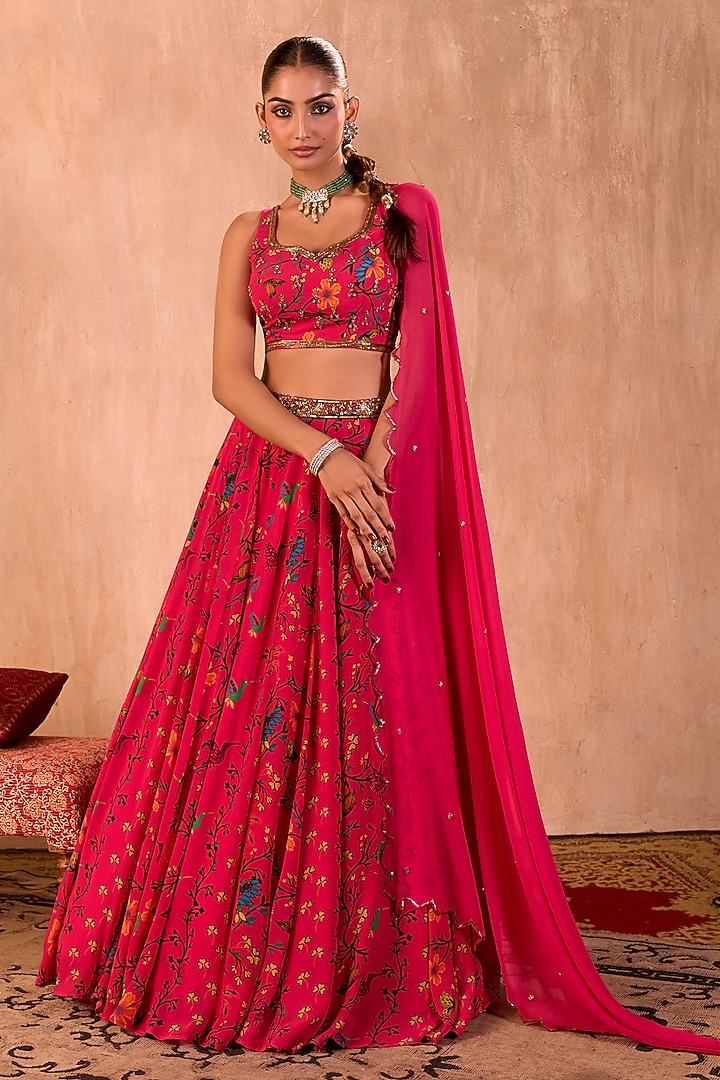 Pink Crepe Floral Printed Flowy Wedding Lehenga Set by Mehak Murpana at Pernia's Pop Up Shop