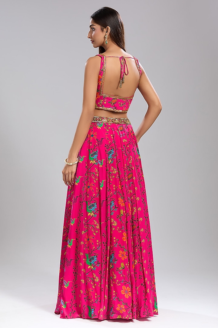 Pink Crepe Floral Printed Flowy Wedding Lehenga Set by Mehak Murpana at Pernia's Pop Up Shop