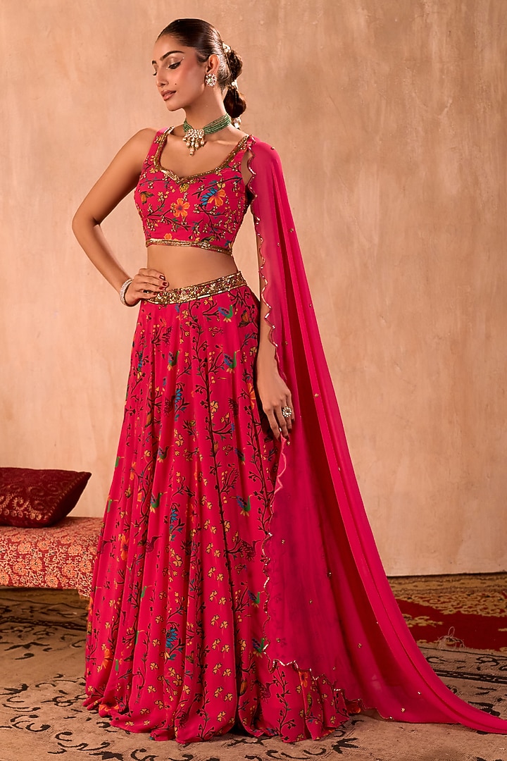 Pink Crepe Floral Printed Flowy Wedding Lehenga Set by Mehak Murpana at Pernia's Pop Up Shop