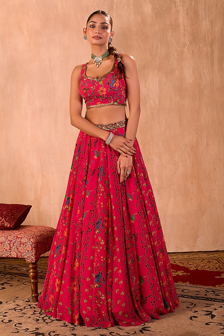 Pink Crepe Floral Printed Flowy Wedding Lehenga Set by Mehak Murpana at Pernia's Pop Up Shop