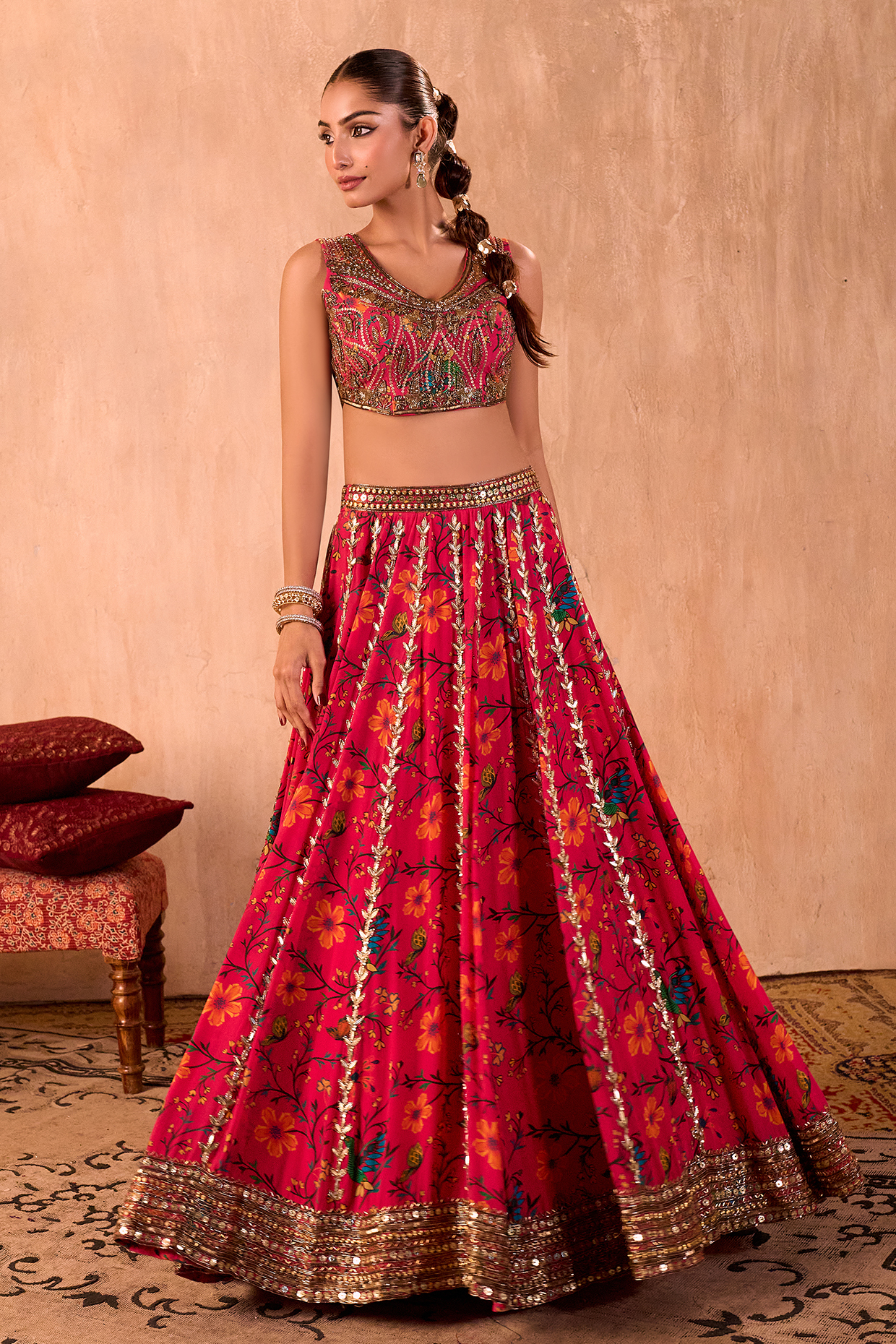 Mehak Murpana Pink Crepe Floral Printed Flowy Lehenga Set