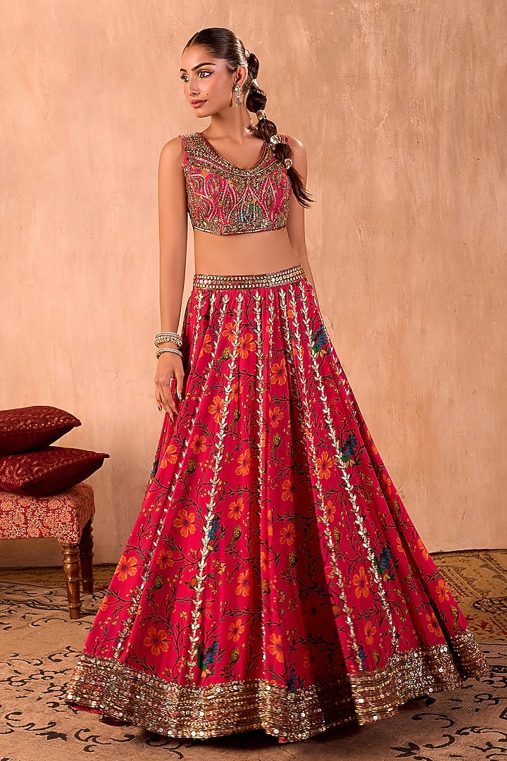 Pink Crepe Floral Printed Flowy Wedding Lehenga Set by Mehak Murpana at Pernia's Pop Up Shop