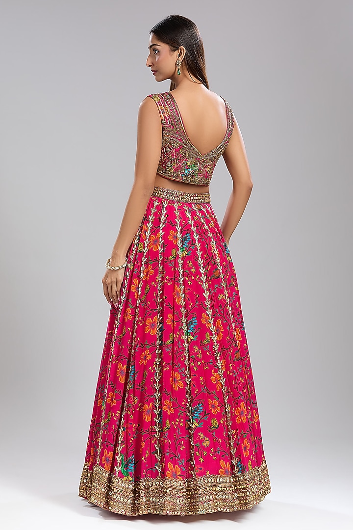 Pink Crepe Floral Printed Flowy Wedding Lehenga Set by Mehak Murpana at Pernia's Pop Up Shop