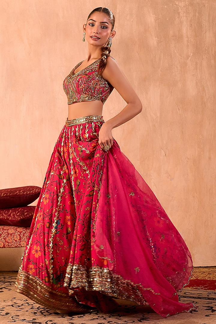 Pink Crepe Floral Printed Flowy Wedding Lehenga Set by Mehak Murpana at Pernia's Pop Up Shop