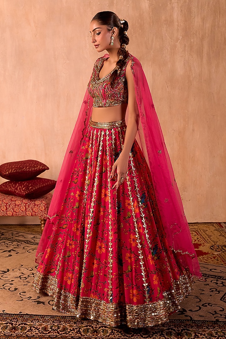 Pink Crepe Floral Printed Flowy Wedding Lehenga Set by Mehak Murpana at Pernia's Pop Up Shop