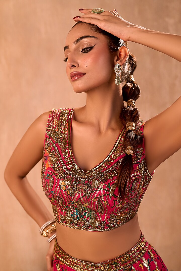 Pink Crepe Floral Printed Flowy Wedding Lehenga Set by Mehak Murpana at Pernia's Pop Up Shop