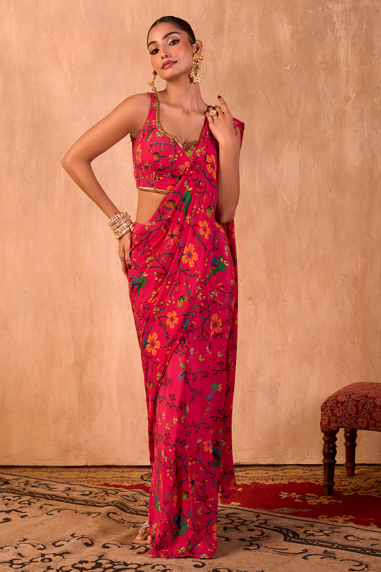 Mehak Murpana Pink Crepe Floral Printed Pre-Draped Saree Set