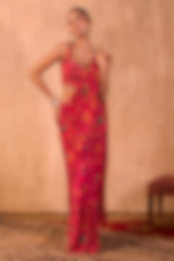 Pink Crepe Floral Printed Pre-Draped Party Wear Saree Set by Mehak Murpana at Pernia's Pop Up Shop