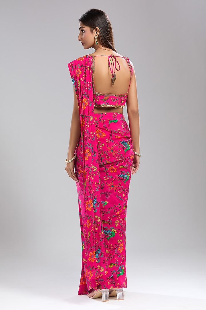 Pink Crepe Floral Printed Pre-Draped Party Wear Saree Set by Mehak Murpana at Pernia's Pop Up Shop
