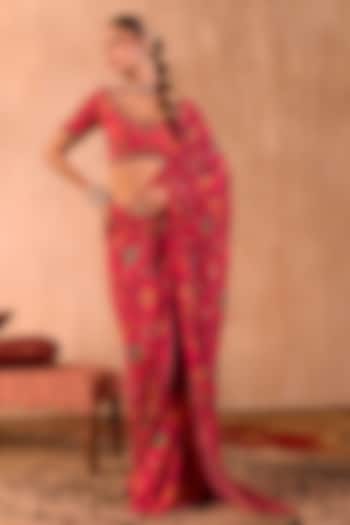Pink Crepe Floral Printed Pre-Draped Wedding Saree Set by Mehak Murpana at Pernia's Pop Up Shop