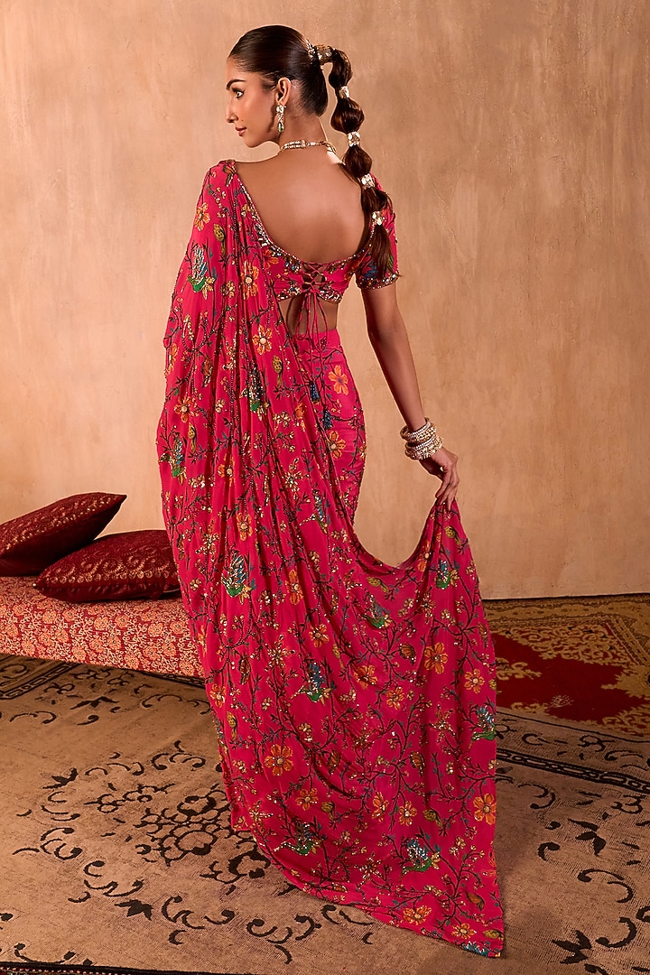 Pink Crepe Floral Printed Pre-Draped Wedding Saree Set by Mehak Murpana at Pernia's Pop Up Shop