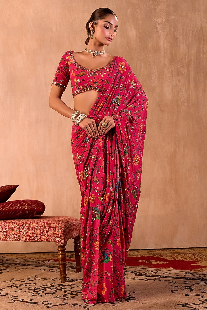 Pink Crepe Floral Printed Pre-Draped Wedding Saree Set by Mehak Murpana at Pernia's Pop Up Shop