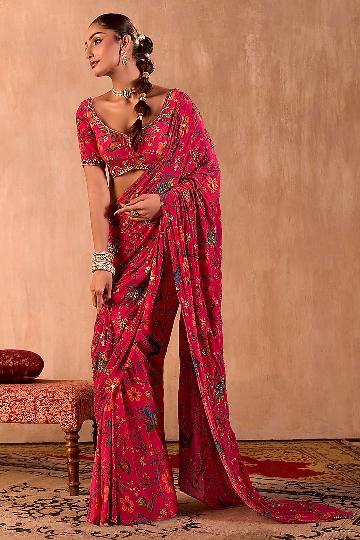 Pink Crepe Floral Printed Pre-Draped Wedding Saree Set by Mehak Murpana at Pernia's Pop Up Shop