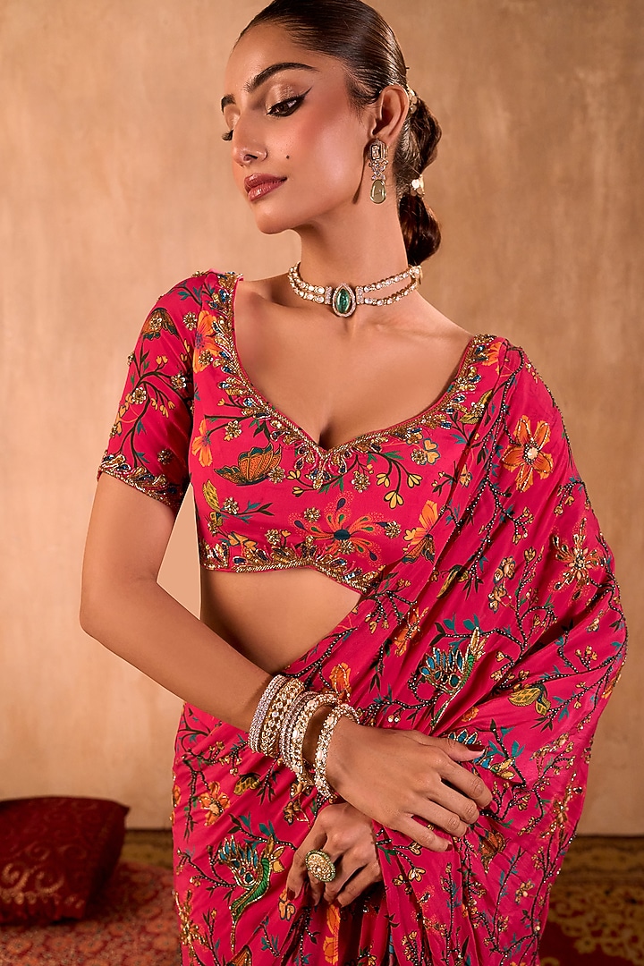 Pink Crepe Floral Printed Pre-Draped Wedding Saree Set by Mehak Murpana at Pernia's Pop Up Shop