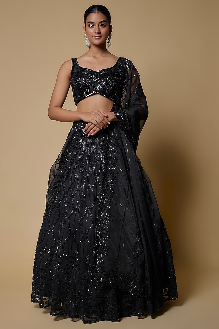 Black Net & Organza Embroidered Bridal Lehenga Set by Mehak Murpana at Pernia's Pop Up Shop