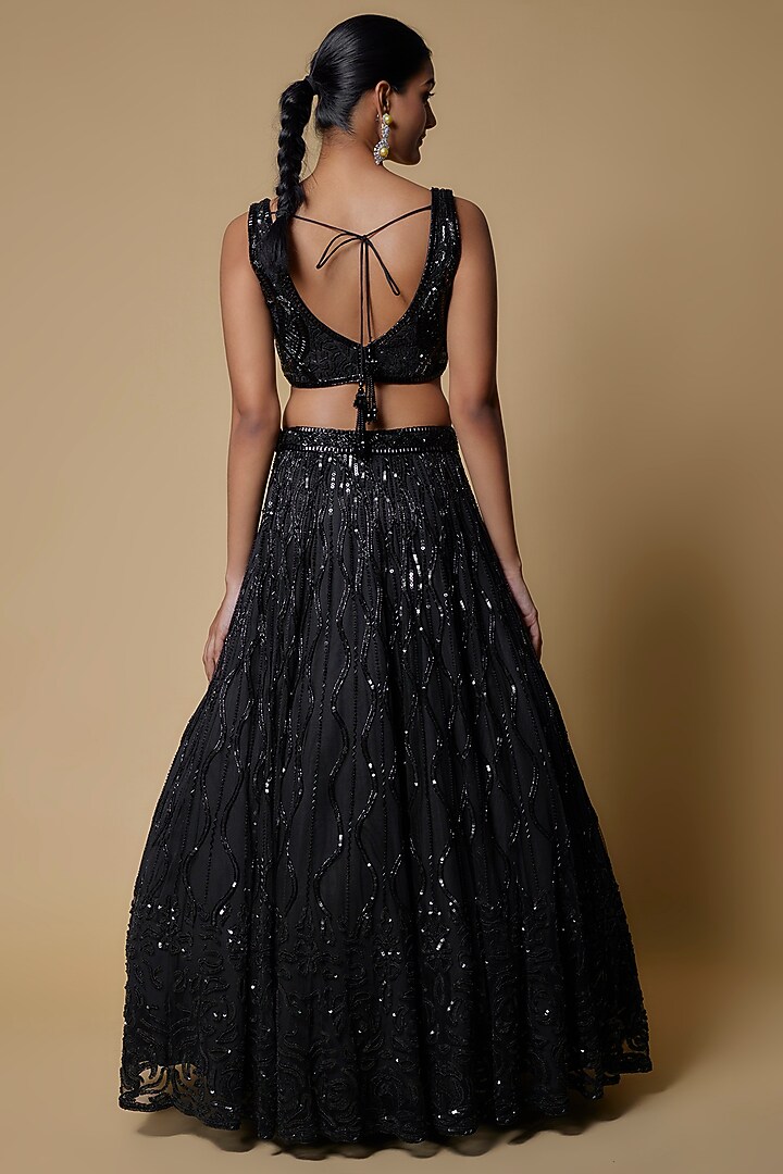 Black Net & Organza Embroidered Bridal Lehenga Set by Mehak Murpana at Pernia's Pop Up Shop