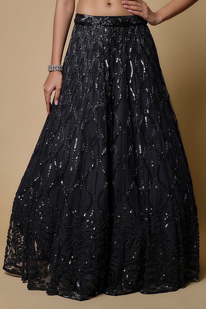 Black Net & Organza Embroidered Bridal Lehenga Set by Mehak Murpana at Pernia's Pop Up Shop