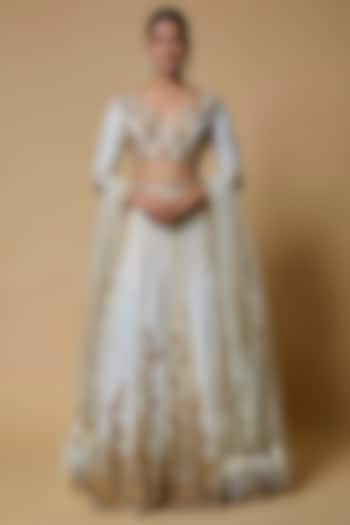 Ivory & Gold Net Embroidered Bridal Lehenga Set by Mehak Murpana at Pernia's Pop Up Shop