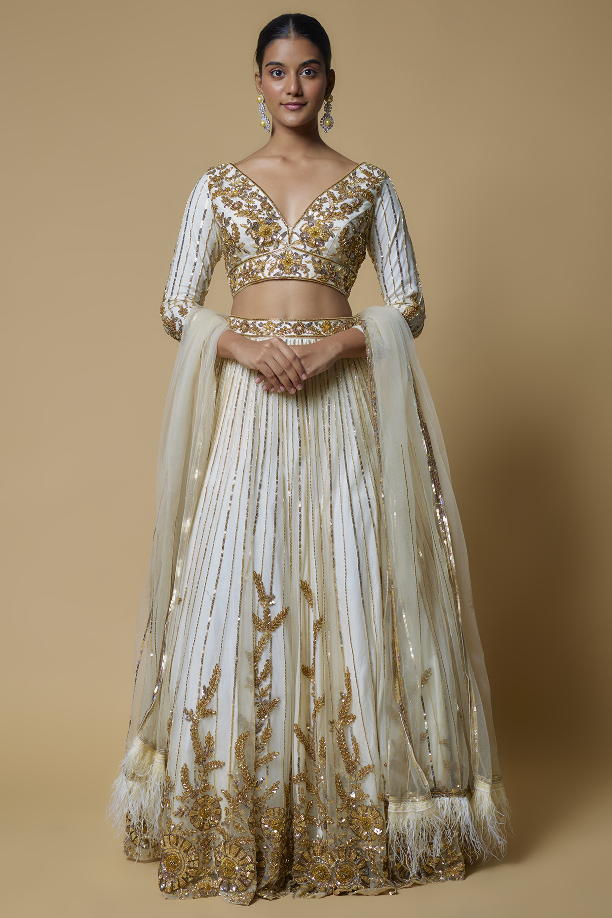 Ivory & Gold Net Embroidered Bridal Lehenga Set by Mehak Murpana at Pernia's Pop Up Shop