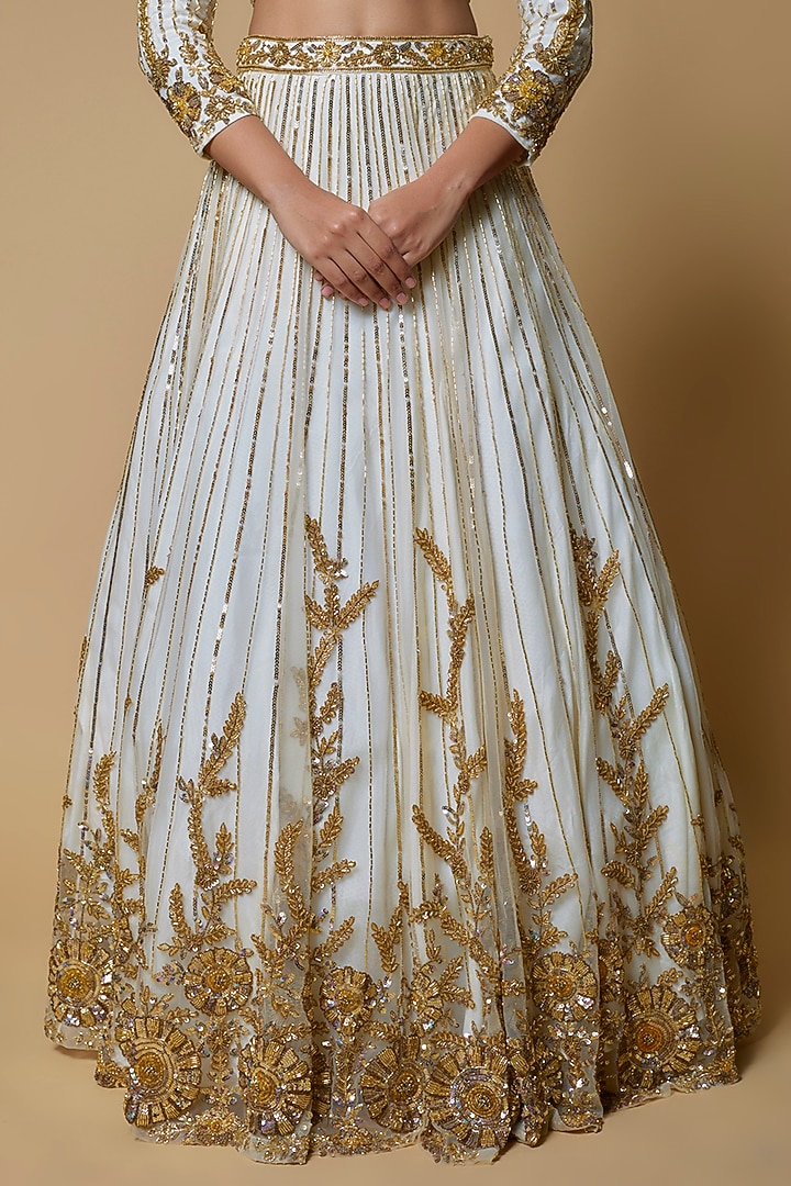 Ivory & Gold Net Embroidered Bridal Lehenga Set by Mehak Murpana at Pernia's Pop Up Shop