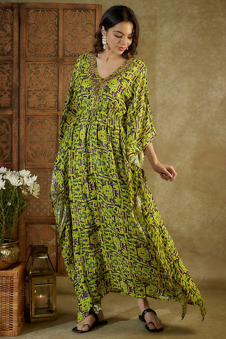 Green Crepe Printed & Embellished Kaftan by Mehak Murpana at Pernia's Pop Up Shop