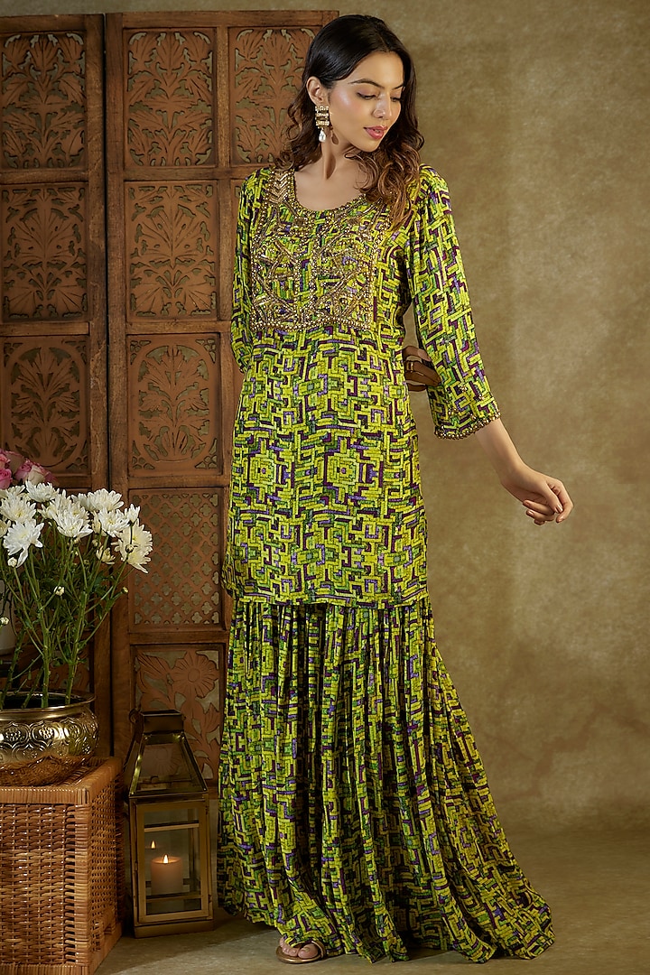 Green Crepe Printed Party Wear Sharara Set by Mehak Murpana at Pernia's Pop Up Shop