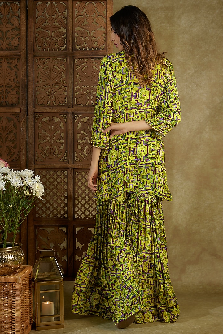 Green Crepe Printed Party Wear Sharara Set by Mehak Murpana at Pernia's Pop Up Shop