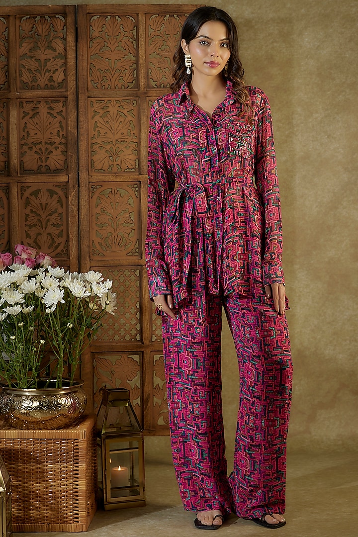 Pink Georgette Printed & Embroidery Co-Ord Set by Mehak Murpana at Pernia's Pop Up Shop