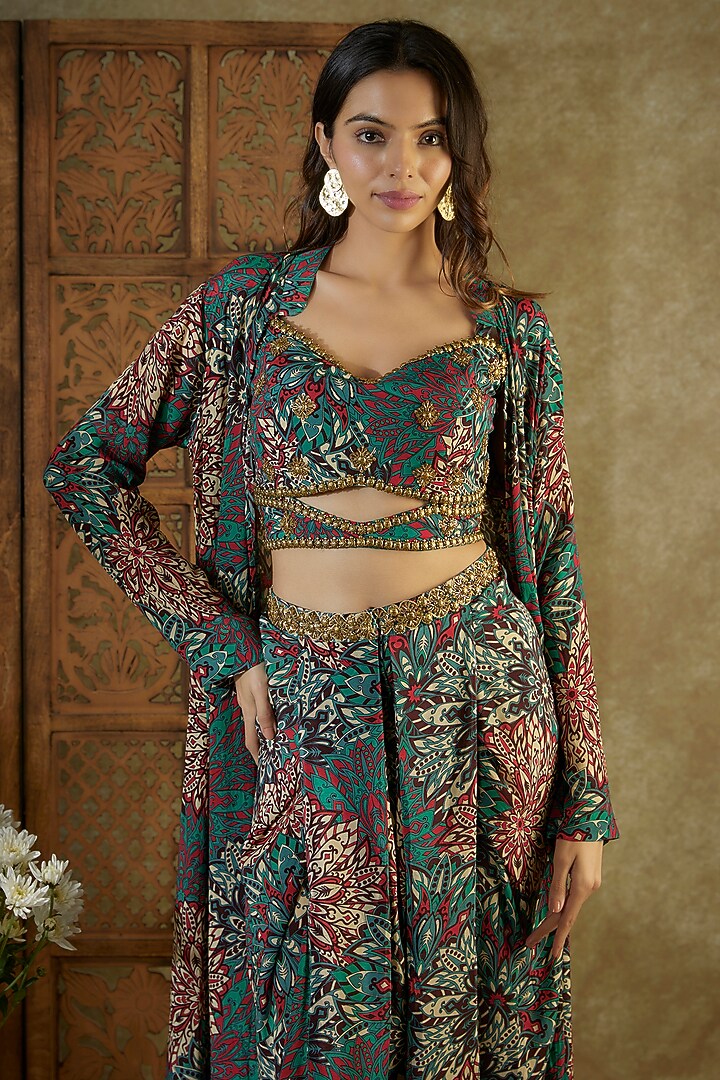 Green Crepe Printed & Embroidered Jacket Set by Mehak Murpana at Pernia's Pop Up Shop