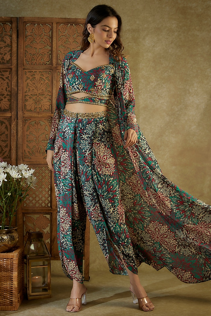 Green Crepe Printed & Embroidered Jacket Set by Mehak Murpana at Pernia's Pop Up Shop