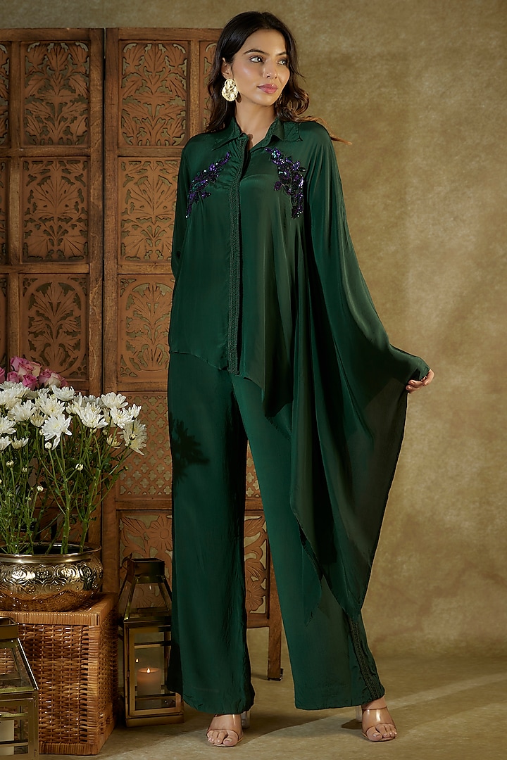 Forest Green Crepe Embroidered Co-Ord Set by Mehak Murpana at Pernia's Pop Up Shop
