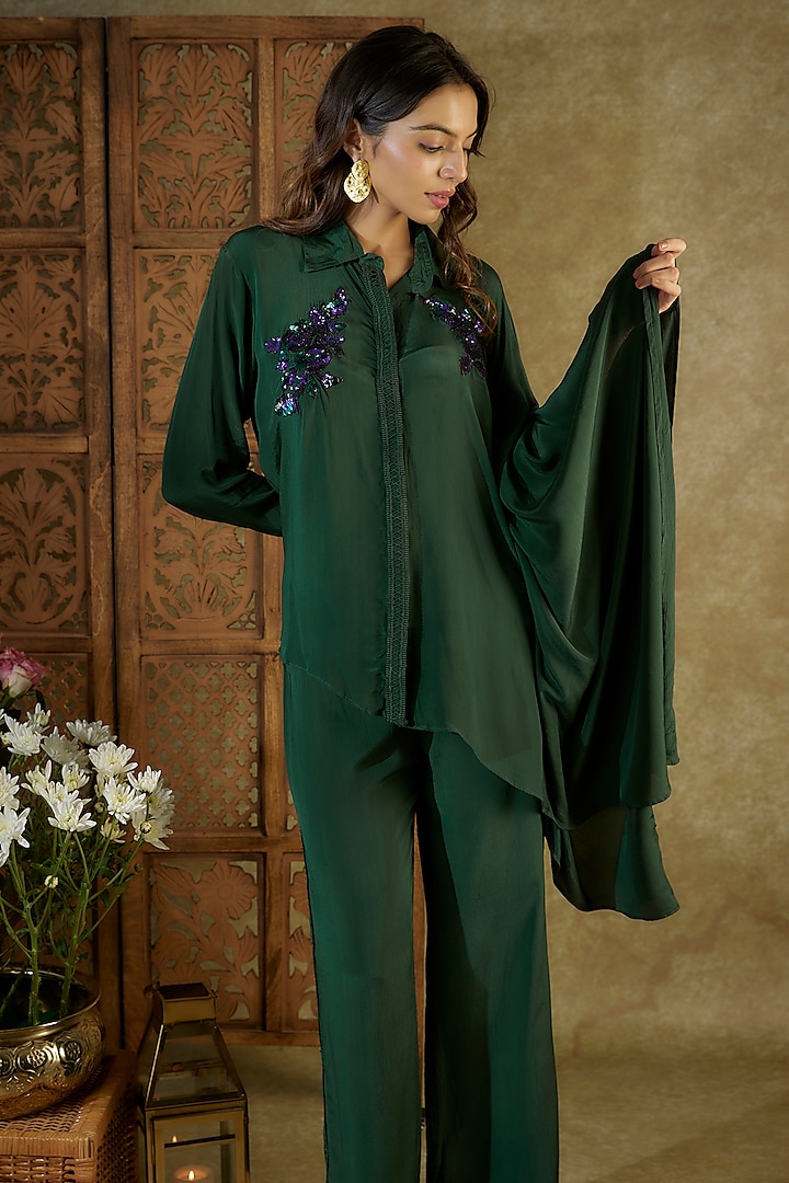 Forest Green Crepe Embroidered Co-Ord Set by Mehak Murpana at Pernia's Pop Up Shop