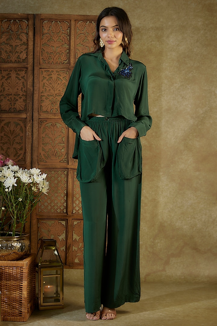 Forest Green Crepe Embroidered Co-Ord Set by Mehak Murpana at Pernia's Pop Up Shop