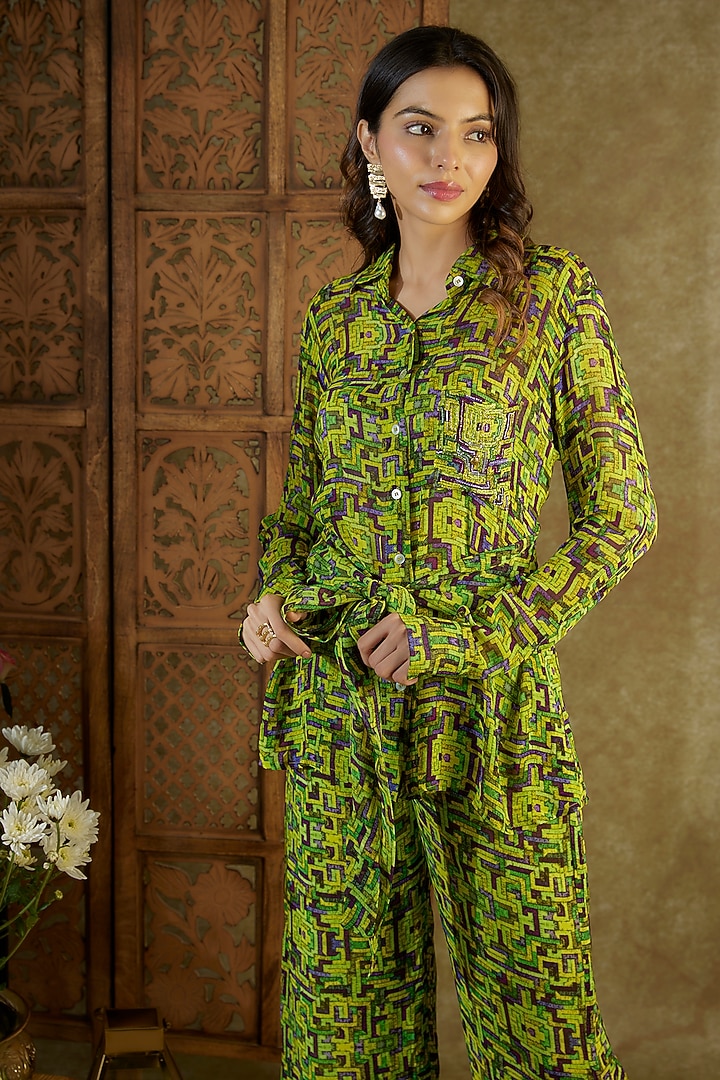 Green Georgette Printed & Embroidered Co-Ord Set by Mehak Murpana at Pernia's Pop Up Shop