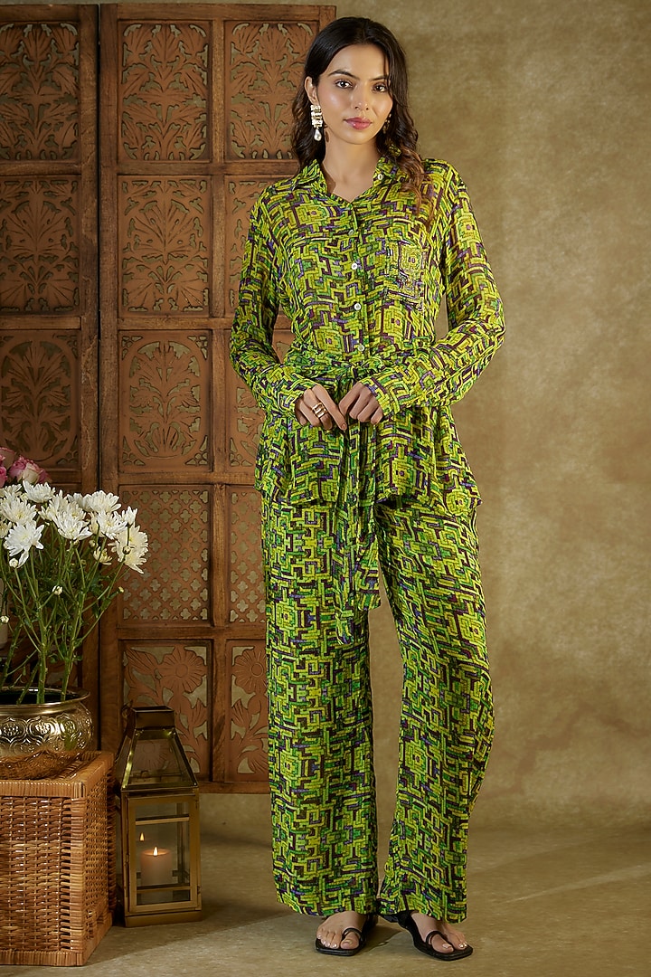 Green Georgette Printed & Embroidered Co-Ord Set by Mehak Murpana at Pernia's Pop Up Shop