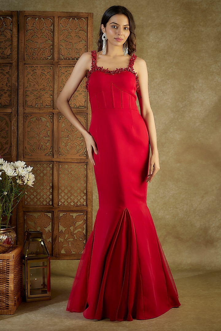 Red Suiting Embroidered Gown by Mehak Murpana