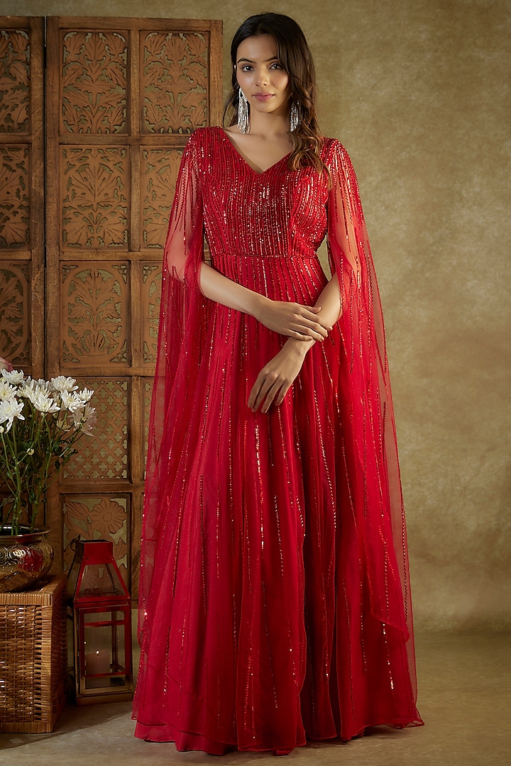 Red Net Embroidered Gown by Mehak Murpana