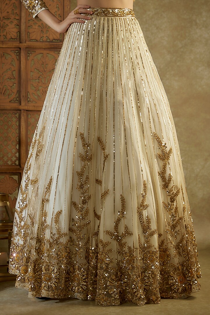 Ivory & Gold Net Embroidered Bridal Lehenga Set by Mehak Murpana at Pernia's Pop Up Shop