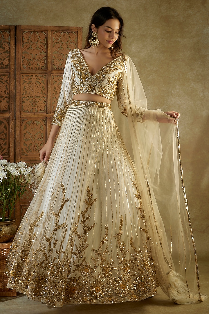 Ivory & Gold Net Embroidered Bridal Lehenga Set by Mehak Murpana at Pernia's Pop Up Shop