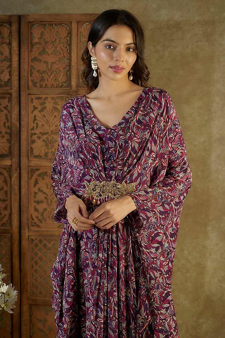 Purple Crepe Printed & Embroidered Kaftan by Mehak Murpana at Pernia's Pop Up Shop