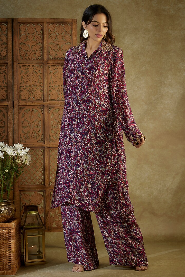 Purple Crepe Printed & Embroidered Co-Ord Set by Mehak Murpana at Pernia's Pop Up Shop