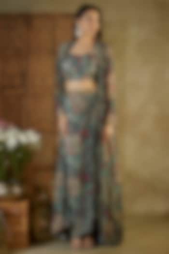 Green Crepe Printed & Embroidered Jacket Set by Mehak Murpana at Pernia's Pop Up Shop