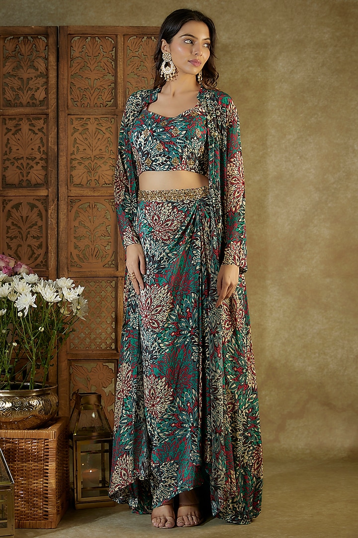 Green Crepe Printed & Embroidered Jacket Set by Mehak Murpana at Pernia's Pop Up Shop