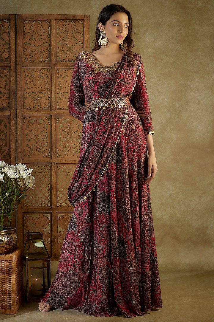 Pink Crepe Printed & Coin Embroidered Anarkali Set by Mehak Murpana