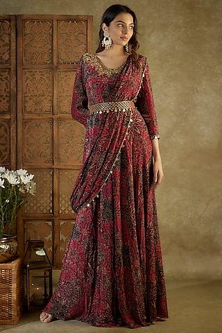 Pink Crepe Printed & Coin Embroidered Anarkali Set by Mehak Murpana